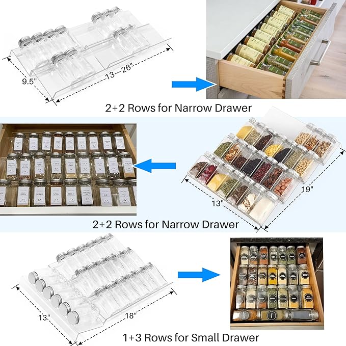 Antimbee Spice Drawer Organizer, 4 Tier- 8 Pack Kitchen Spice Rack Tray for Drawer, Acrylic Seasoning Organizer Rack Expandable From 13" to 26",Holds up 56 Spice Jars (Jars not Include)