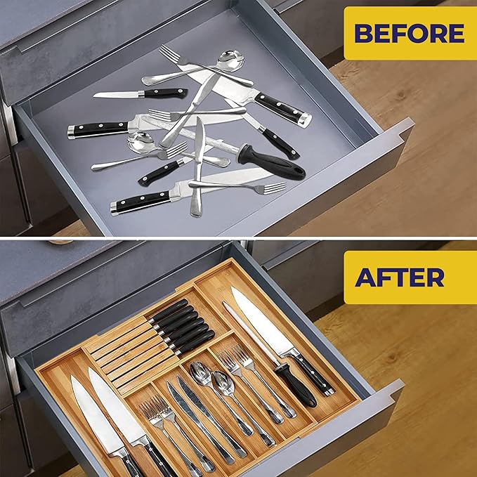 NEW Supplier: Bamboo Wood Drawer Organizer, Silverware Drawer Organizer, Kitchen Drawer Organizer with Drawer Dividers and removable knife block. – 12.75-22 x 17 x 2 In (Brown)