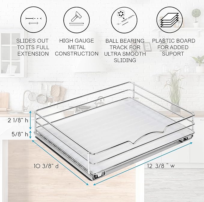 Pull Out Cabinet Organizer for Spices, Cans - Heavy Duty with Lifetime Limited Warranty- Pull Out Spice Rack- Cabinet Pull Out Shelf for Cans,Dishes, Etc, 12-3/8"Wx 10-1/2"D x 2-3/4” H, Chrome