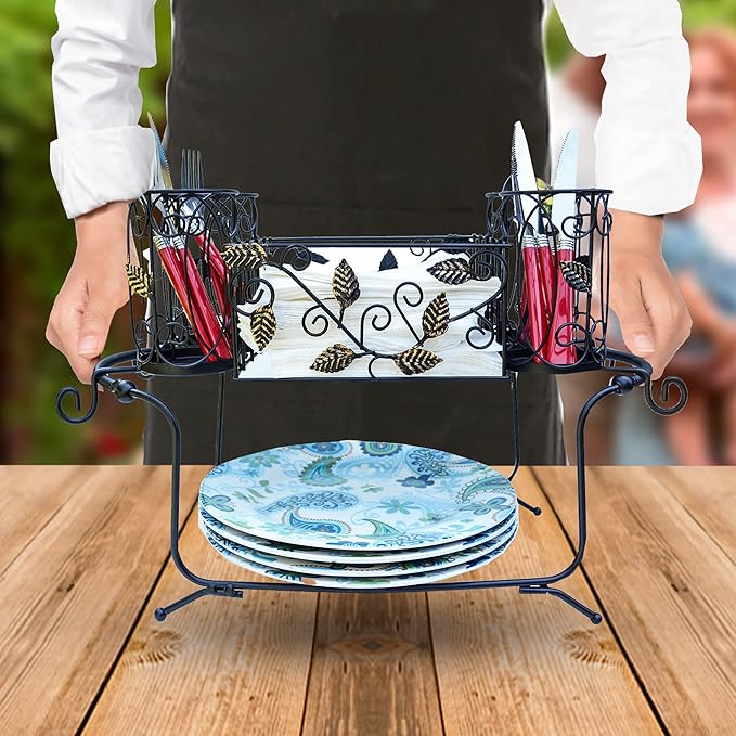 Utensil Caddy - Silverware Caddy or Napkin, Cutlery and Plate Holder - The Ideal 2-Piece Portable Outdoor Kitchen Accessories Buffet Organizer for Picnics, Camping, Barbecue, Parties and Events