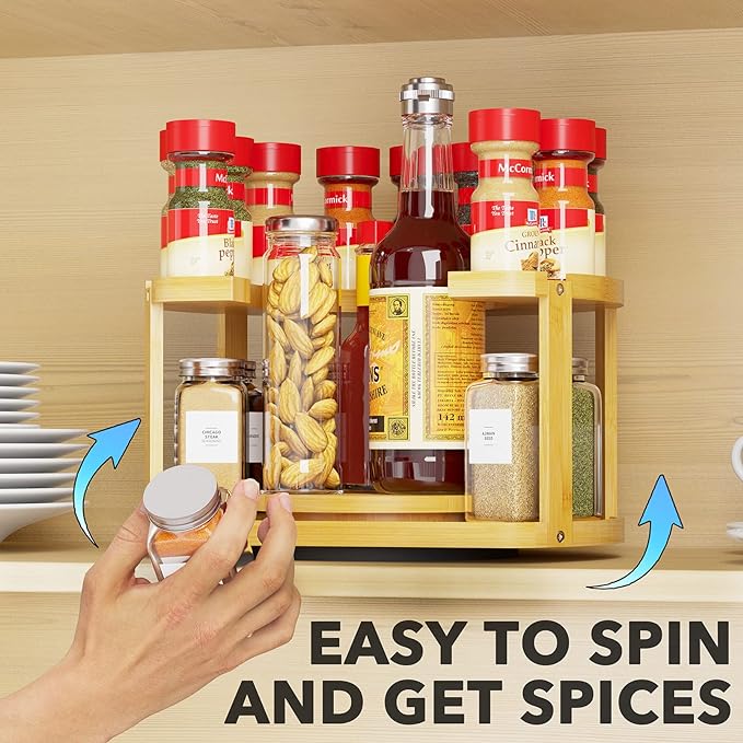 SpaceAid 2 Tier Bamboo Spice Rack Organizer, Lazy Susan Turntable for Cabinet, Home Kitchen Spices Spinning Rotating Shelf Racks for Pantry Seasoning Bottle Holder Storage (Two Tier, Natural)