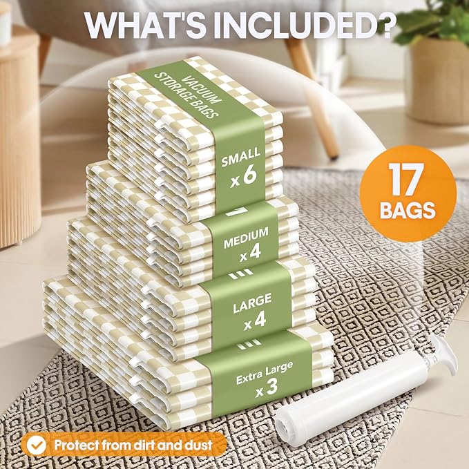 17Pack Vacuum Storage Bags, Vacuum Seal Bags for Clothing with Hand Pump, 3 Jumbo+4 Large+4 Medium+6 Small, 80% Space Saver Bags for Luggage,Comforters,Blankets, Home Travel Essentials(Khaki Check)