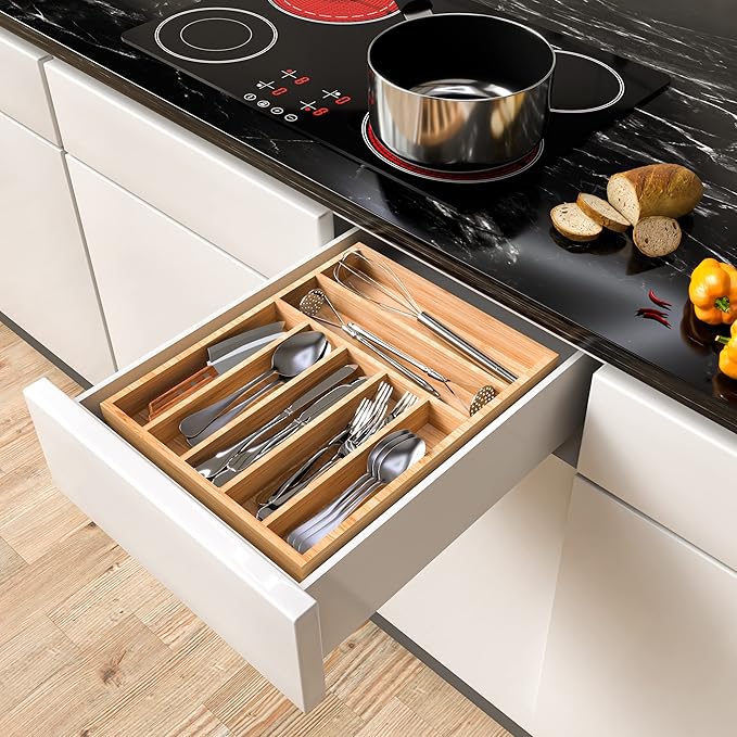 Utopia Kitchen Silverware Organizer, Bamboo Utensil Drawer Organizer for Cutlery, Utensils & Flatware (7 Compartment, Natural) Pack of 1
