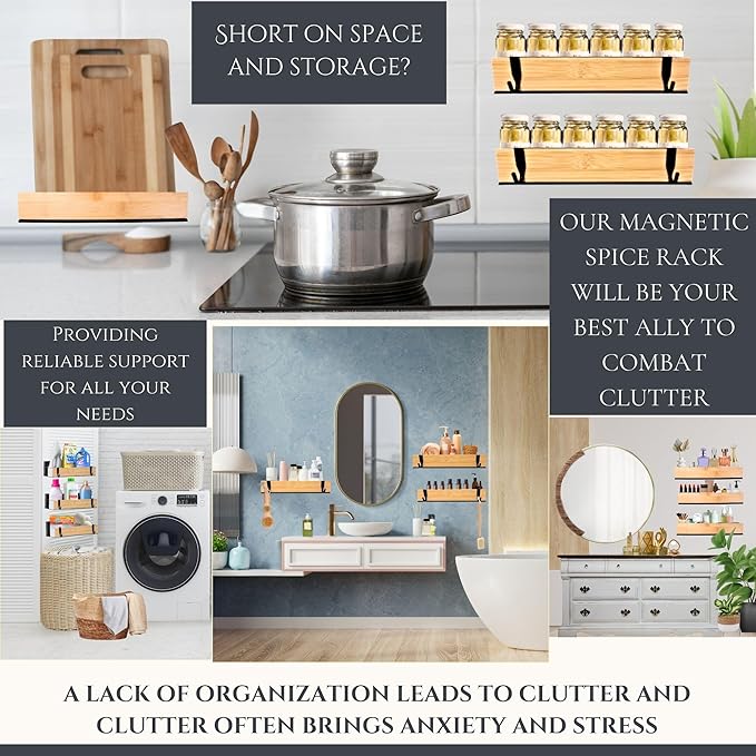 4 | 3 Pack Magnetic Spice Storage Rack Organizer for Refrigerator and Oven, Black Fridge Storage, Magnetic Shelf, Spice Rack Organizer, Metal-Bamboo