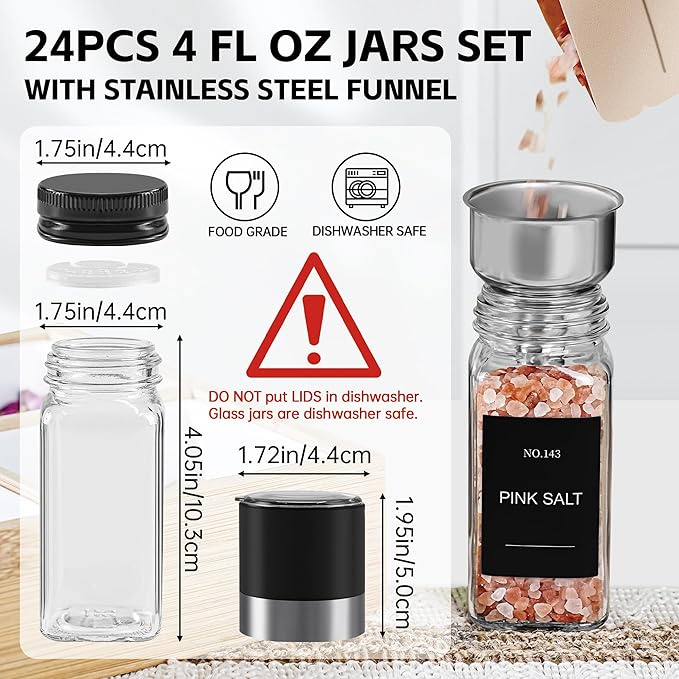Spice Jars, 24 Pcs 4oz Seasoning Jars with Label, Glass Jars with Shaker Lids, Spice Containers Bottles with Pepper Grinder & Stainless Steel Funnel for Seasoning Organizer, Cabinet, Drawer