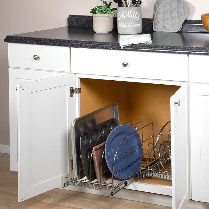 HOLDN’ STORAGE Pull Out Organizer for Cookie Sheet, Cutting Board, Bakeware, and Tray, Heavy Duty - Lifetime Limited Warranty - for Kitchen Pantry Cabinets, 12.5”W x 21”D x 11" H, Chrome