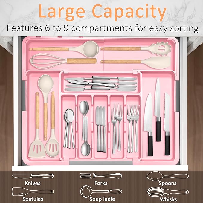 Silverware Organizer Expandable Kitchen Utensil Drawer Organizer Large BPA Free Adjustable Cutlery Silverware Tray for Spoons Forks Knives Storage Divider for Kitchen Flatware 6-9 Slots Pink