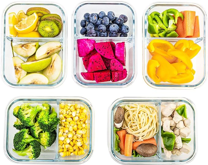 C CREST Glass Meal Prep Containers 2 Compartment Set, 5-Pack, 34oz, Glass Bento Boxes for Adults, Divided Glass Lunch Containers with Lids