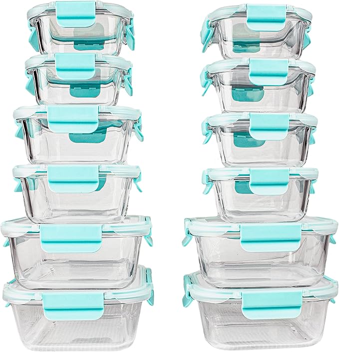 LYTIO Glass Food Containers Storage Organizers for Kitchen Pantry | BPA Free | Leak Proof | Odor Proof | Stain Resistant | 12 Sets | Freezer and Oven Safe (Blue)