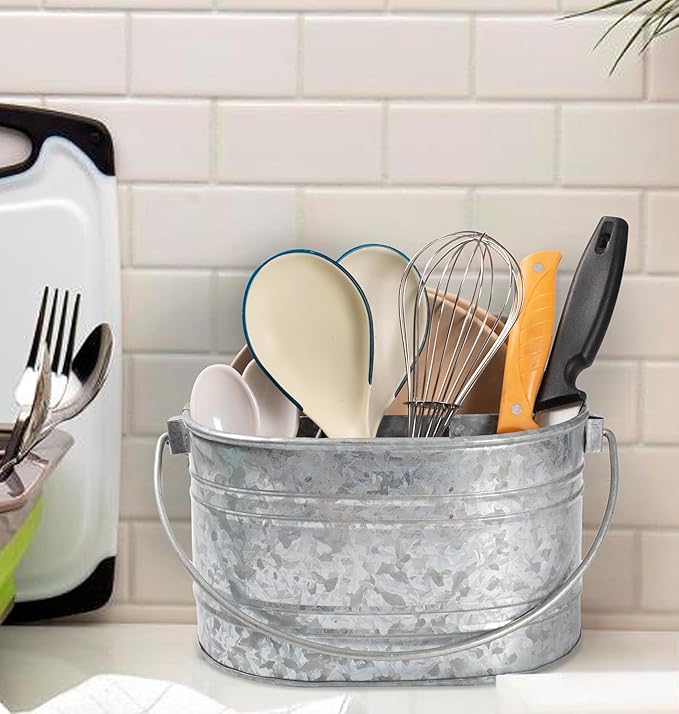 CLEENTABLE Metal Utensil Caddy - Silverware Caddy for Countertop & Parties, Farmhouse Paper Plate & Flatware Holder, Galvanized Kitchen Basket for Picnic & Dining (Grey, 10 Inches)