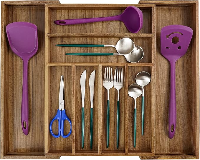 Utoplike Acacia Silverware Drawer Organizer for Cutlery, Adjustable Kitchen Utensil Drawers Organizers, Expandable Wooden Flatware Caddy, Dividers for Knives, Forks, Spoons, 6-8 Slots