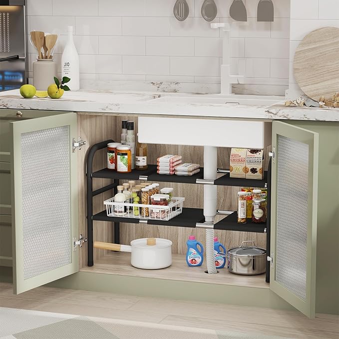 Expandable Under Sink Organizers, 2-Tier Kitchen Bathroom Cabinet Storage Counter Shelf, Shoe Storage Rack with 8 Removable Plastic Boards for Kitchen, Bathroom, Pantry, Entryway, Closet