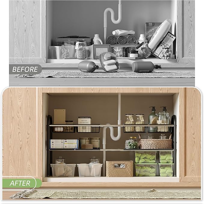 NETEL Under Sink Organizers and Storage, 2 Tier Expandable Under Cabinet Organizer Shelf with 4 Baskets and 4 Panels, Expandable Shelf for Cupboard, Kitchen, Bathroom, Shoe Storage Rack