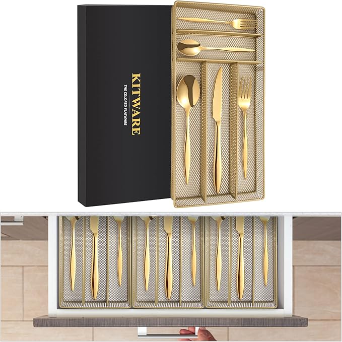 Gold Silverware Set with Organizer, 40-Piece Flatware Set for 8, Stainless Steel Kitchen Utensils Cutlery Set for Home Kitchen Restaurant Hotel,Dishwasher Safe