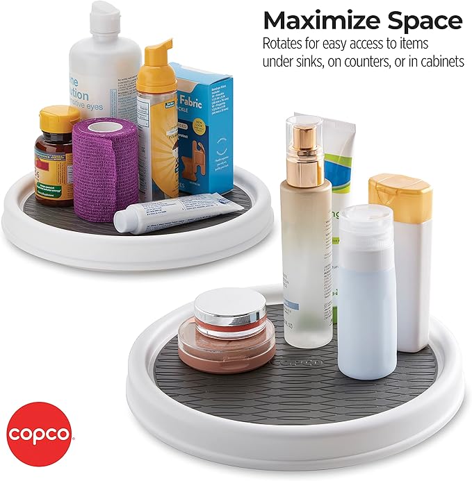 Copco 9-Inch Non-Skid Pantry Cabinet Lazy Susan Turntable, Set of 2, White, Gray