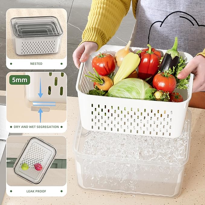 5 Pack Fruit Storage Containers for Fridge with Removable Colanders - Food Storage Containers with Lids, BPA-Free Produce Containers Keep Fruits, Vegetables, Berry, Meat Fresh Longer