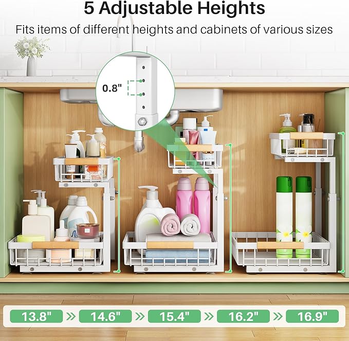 Pull out Cabinet Organizer, 1 Pack Under Sink Organizer, Slide out Metal Kitchen Cabinet Organizers Drawer Shelf, Sliding Storage Shelves for Kitchen Bathroom Pantry Closet Organization Rack(White)