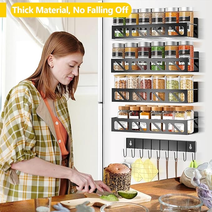 Magnetic Spice Rack Organizer for Fridge Seasoning Organizer for Kitchen storage with Screw or Adhesive Hanging,Magnetic Shelf with Hook for Refrigerator and Oven (Black-12jars, 4pack)