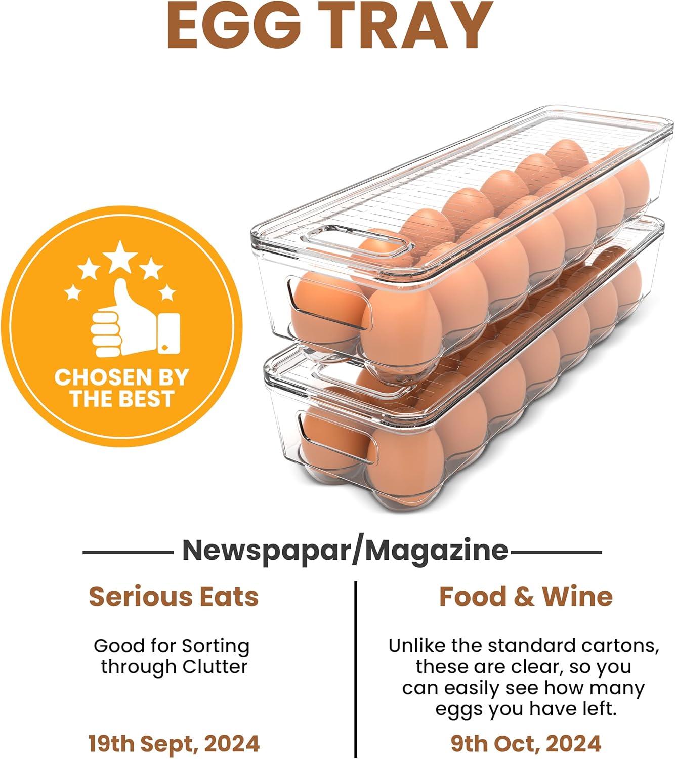 Utopia Home Egg Container With Lid and Handle for Refrigerator Organization- Pack of 2 - Clear Stackable Egg Holder for Kitchen or Pantry Organizers and Storage