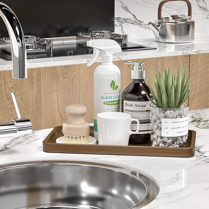 Weenson Bathroom Vanity Tray for Soap Dispenser, Perfume, Makeup, Dresser Jewelry, Decor, Candle, Bamboo Kitchen Tray for Counter Coffee Spice Salt Brown Toilet Tank Tray11.81”L x 6.1”W x 0.79”H
