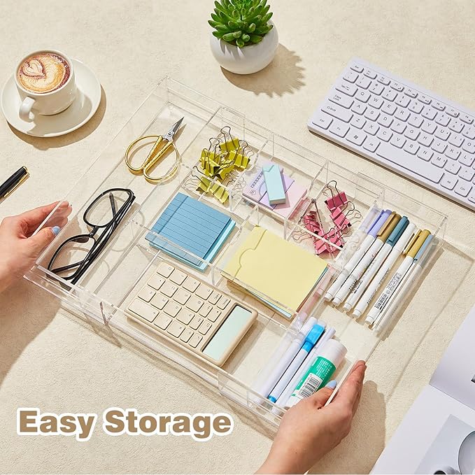 1 Pc Acrylic Desk Drawer Organizer Maximum Expandable Drawer Organizer Trays with 8 Adjustable Compartments Desk Accessories for Makeup Silverware Office Bathroom (Clear,Classic)