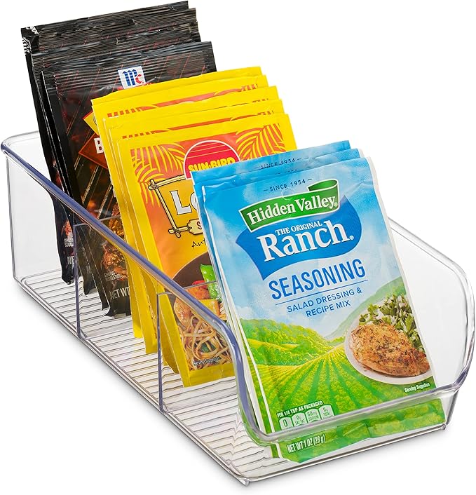 Set Of 4 Food Storage Organizer Bins - Divided 3 Compartment Kitchen Pantry Fridge Organizers for Food Packets, Seasoning, Spices, Sauce Packets, Pouches, Snacks - Clear Plastic Storage Rack
