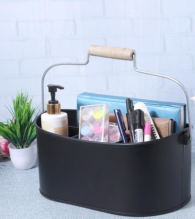 Alpha Living Home - Wooden Utensil Holder for Kitchen, Rustic Silverware Caddy with Handle – Galvanized Flatware Organizer for Forks, Spoons, Knives, Picnic, Countertop & Dining Table – Jet Black