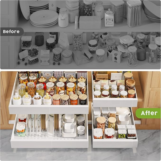 6 Pack Pull Out Cabinet Organizers 21" Deep With Raising Pad for Framed Cabinets, Expandable Slide Out Drawers with 4pcs Divider Racks, Roll Out Shelves, Adjustable Width 12"-20.45" White