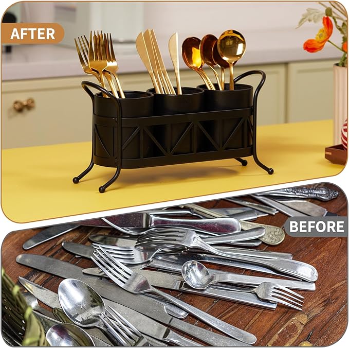 Kitchen Utensil Holder, Silverware Cutlery Organizer, Versatile Flatware Caddy Storage for Forks Spoons Knives, Perfect for Countertop Party Camping - Black Round