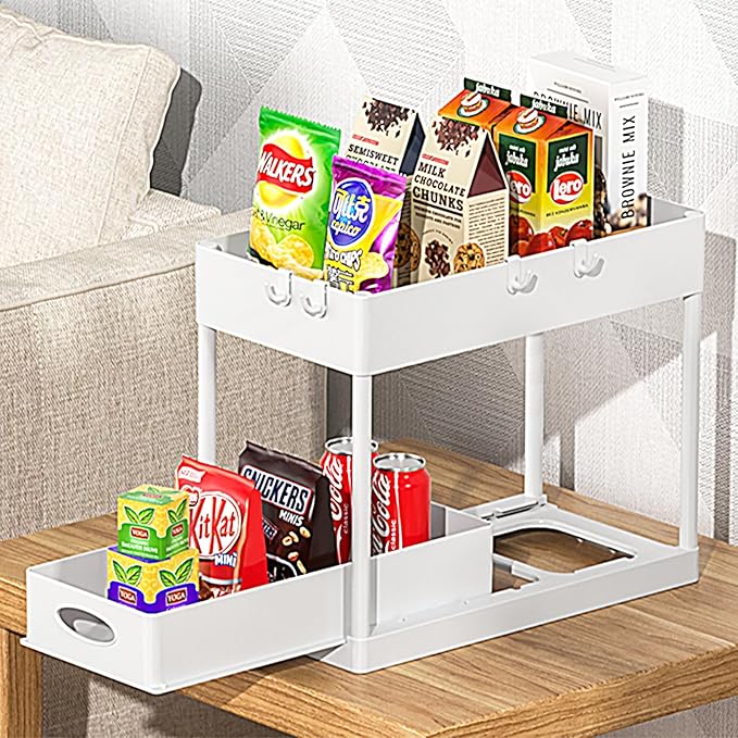 PUILUO Under Sliding Cabinet Basket Organizer, 2 Tier Under Sink Organizers White Under Sink Storage for Bathroom Kitchen