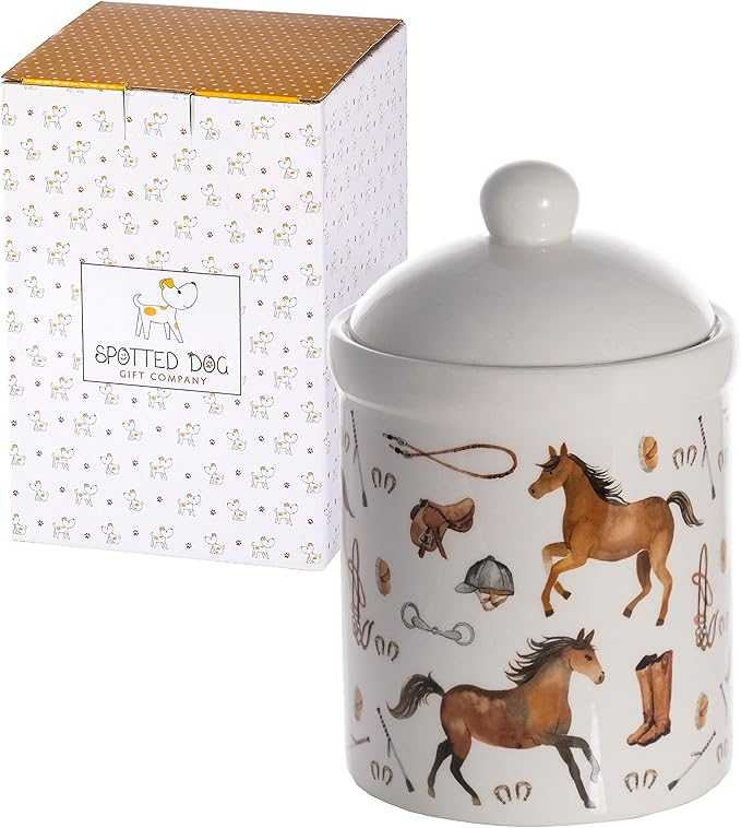 SPOTTED DOG GIFT COMPANY Ceramic Food Storage Jar with Lid, Decorative Kitchen Canister for Coffee Tea Sugar, Novelty Treat Container, Equestrian Themed Gifts for Pony Horse Lovers 30oz
