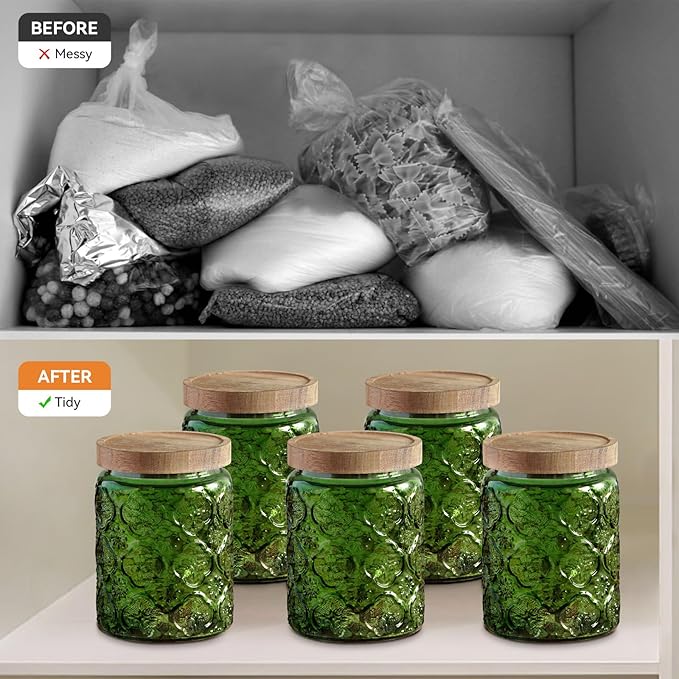Vintage Glass Jar with Lid,Cookie Candy Jar Coffee Canister Food Storage Containers Storage Jar Set for Kitchen Office (Green birchapple flowers - acacia)