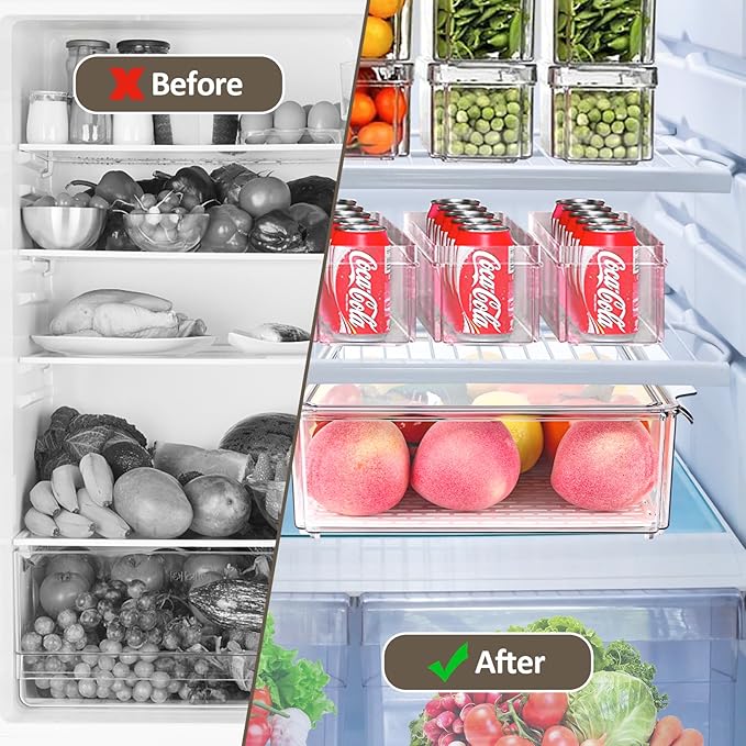 10 Pack Fridge Organizer, Stackable BPA-Free Refrigerator Organizer Bins with Lids, Fruit Storage Containers for Fruit Vegetable Food Drinks Cereals Clear