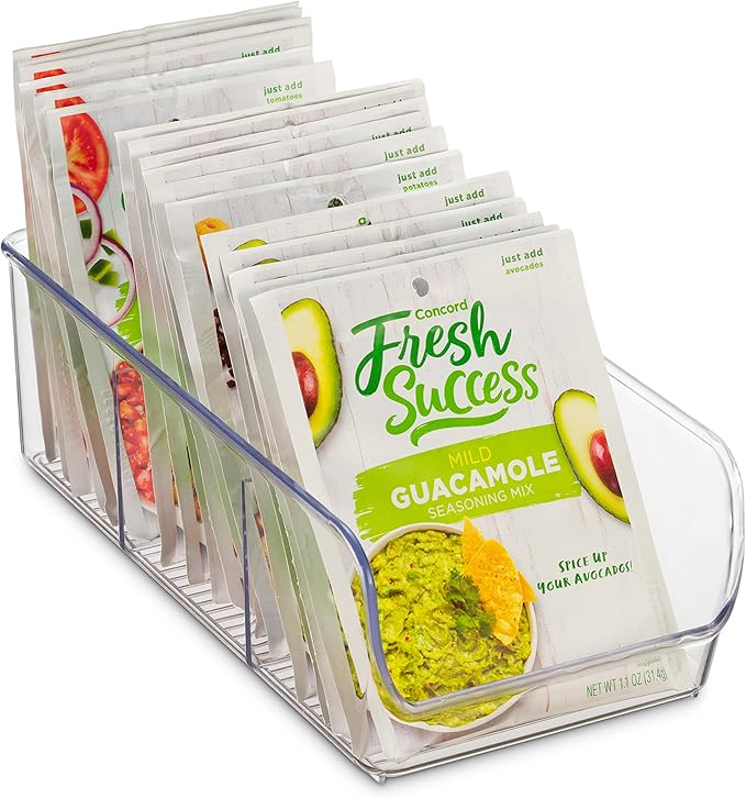 Set Of 4 Food Storage Organizer Bins - Divided 3 Compartment Kitchen Pantry Fridge Organizers for Food Packets, Seasoning, Spices, Sauce Packets, Pouches, Snacks - Clear Plastic Storage Rack