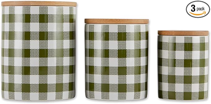 DII Ceramic Canister Sets for the Kitchen Food Safe Storage Containers with Lids, Large, Medium & Small, Buffalo Check, Antique Green & White, 3 Count