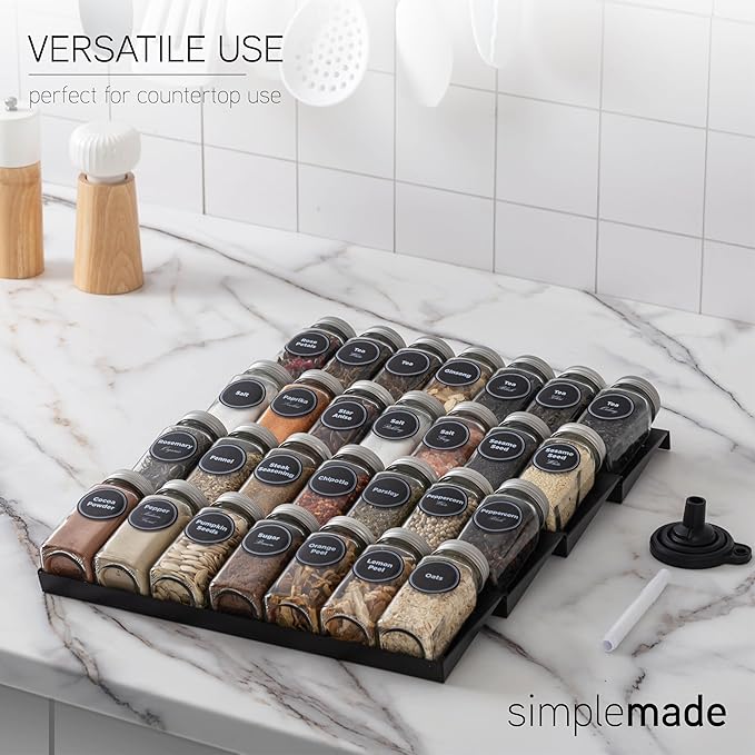 SIMPLEMADE-Spice Drawer Organizer, Spice Rack Drawer for Kitchen, 4 Tier Black Drawer Spice Organizer with 28 Jars and labels with a pen, Silicone Funnel, 13" by 17.5"