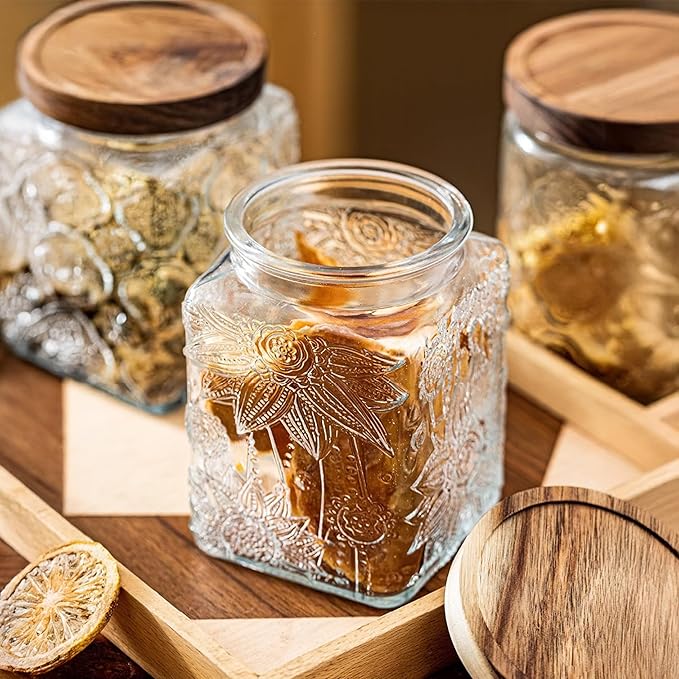 Glass Storage Jars With Airtight Lid, 23.7oz Container For Kitchen Counter with Wood Lid, brown sugar, candy, coffee, cookie, salt, tea, cute Jar (Square Sunflower)
