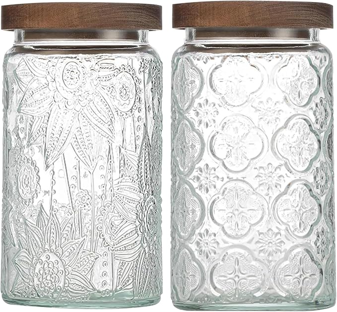 34 OZ Airtight Glass Storage Jar with Bamboo Lid - Vintage Glass Jar Vintage Food Containers Canisters Set for Kitchen Counter & Pantry - Ideal for Sugar, Flour, Coffee, Tea, Candy, Oats -2 Pack