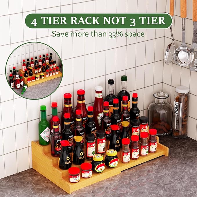 Spice Rack Organizer for Expandable 4-Tier, 2 Pack Adjustable Bamboo Spice Storage for Kitchen Cabinet, Pantry and Countertop Organization, Natural