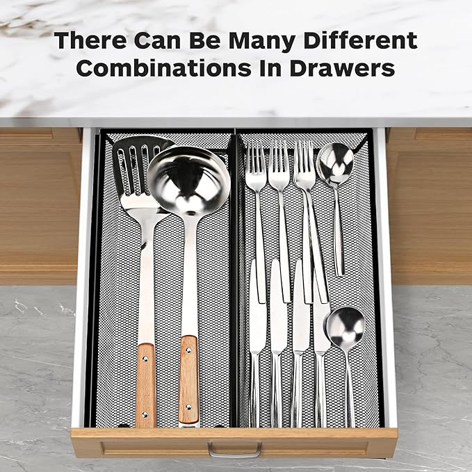 Smgmg Silverware Drawer Organizer, Silverware Organizer for Drawer, 2 Pack 14.7" X 6.1" X 2" Utensil Organizer for Kitchen Drawers, Kitchen Drawer Organizer for Large Utensils with Interlocking Arm