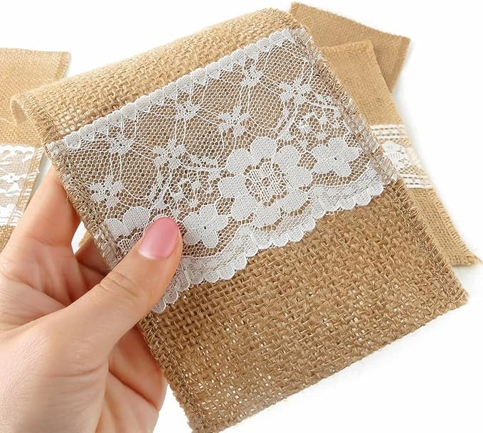 FQTANJU 50 PCS 4"x8" Burlap Lace Utensil Cutlery Holders Pouch Silverware Holder Knifes Forks Bags Burlap Napkin Bag for Rustic Wedding Party Decorations favors