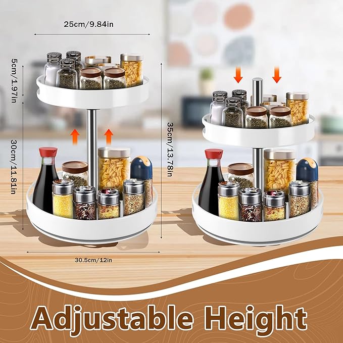 Rack Lazy Susan Organizer, 2 Tier Height Adjustable Rotating Lazy Turntable Organization for Cabinet Kitchen Table Pantry Countertop Refrigerator Cupboard Storage(White, 12 inch)