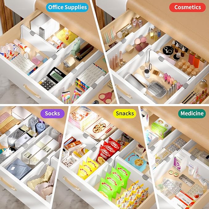 Drawer Dividers Organizer 6 Pack, Adjustable Separators 4" High Expandable from 11-17" for Bedroom, Bathroom, Closet, Clothing, Office, Kitchen (White, 6 PACK)
