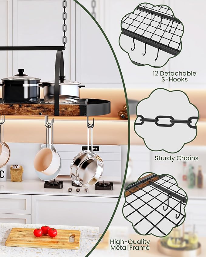 Hanging Pot Rack, Pot Hanger for Kitchen, Ceiling Mounted Pot Holder, Cookware Organizer with 12 S-Shaped Hooks, for Pot, Pan Storage, Space-Saving, Rustic Brown and Black TPR08BFC1