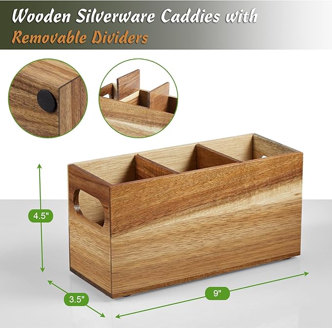 DRASTAR Silverware Holder, Acacia Wooden Utensil Caddy, Silverware Organizer Countertop, Cutlery Holder for Party, Fork Spoon Knife Organizer