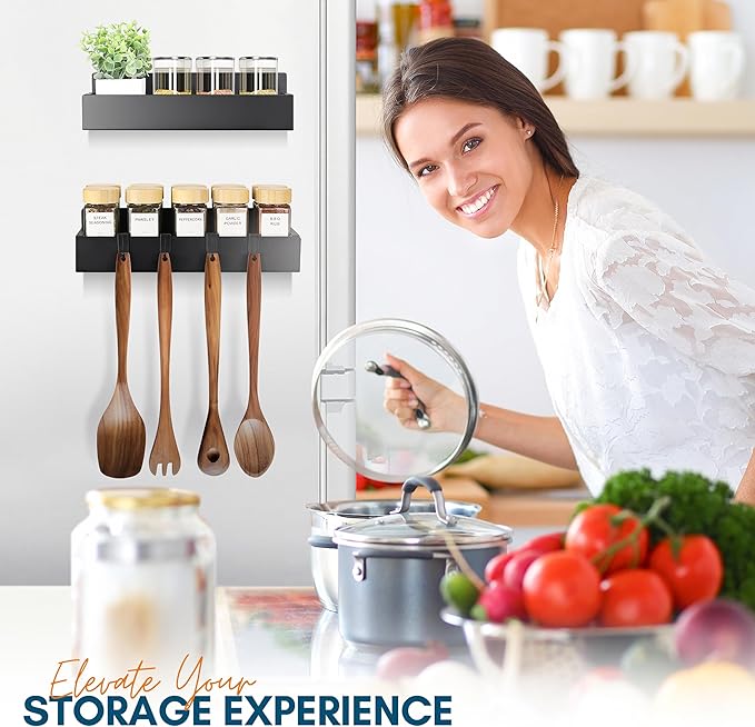 Magnetic Spice Rack for Refrigerator - Strong Magnetized Shelf for Fridge Storage - 2 Pack with 4 Moveable Hooks - Versatile Kitchen Organizer - Space-Saving Fridge Magnet Shelves