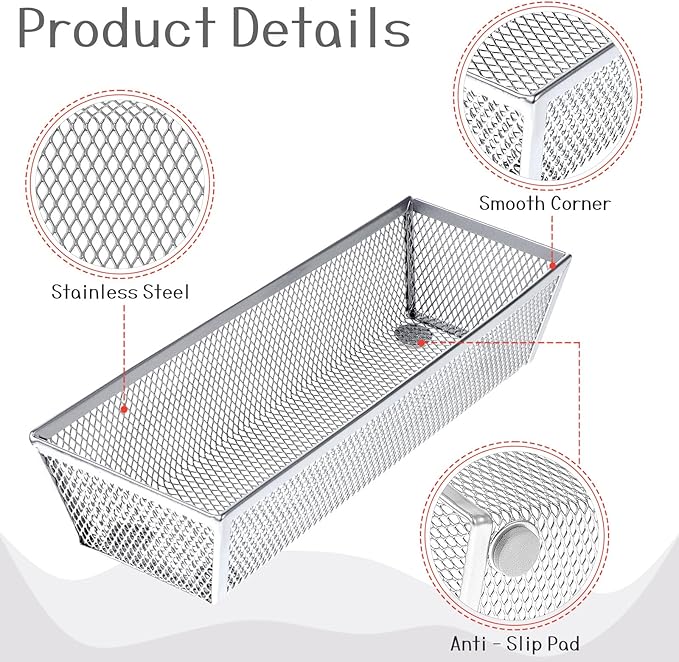 6 Pack Silverware Organizer, Mesh Small Utensil Drawer Organizer Silverware Holder for Kitchen Drawer, Metal Narrow Cutlery Drawer Organizer for Flatware, Knives, Spoons Storage 3x9x2 Inch