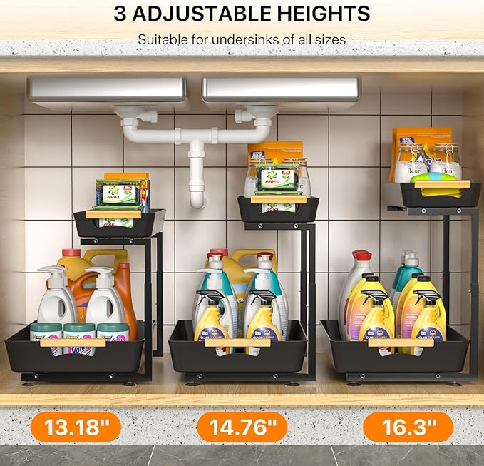 2 Pack Under Sink Organizer, 2 Tier Pull Out Under Sink Organziers and Storage, Height Adjustable Slide Out Under Sink Cabinet Organizer for Kitchen Bathroom Laundry