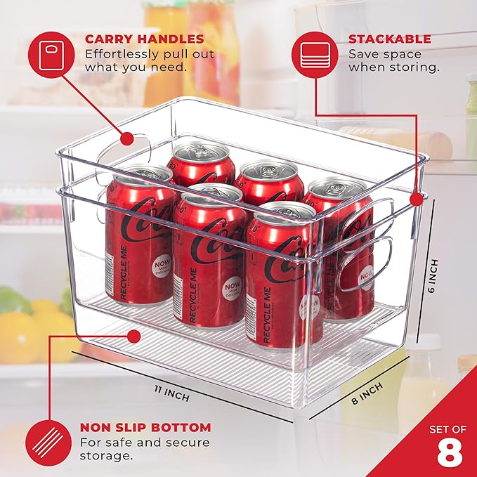 Clear Refrigerator Organizer Bins - Plastic Fridge Organizers - Storage Containers for Organizing Pantry, Cupboard, Cabinet, Freezer, Food, Fruit, Kitchen, Bathroom - Refrigerator Storage Bin set of 8