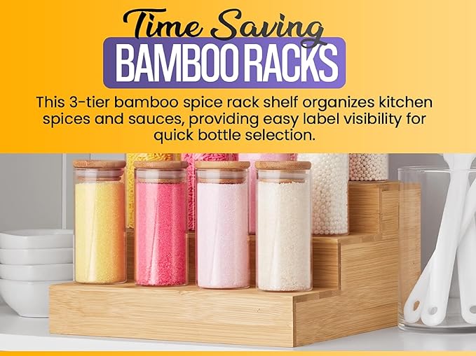 YBM Home In-Drawer 3-Tier Bamboo Spice Rack Drawer Organizer Tray for Cabinet and Kitchen Drawers, 3 Slanted Tiers for Garlic, Salt, Pepper, Seasonings, Spice Jars, and More, 316